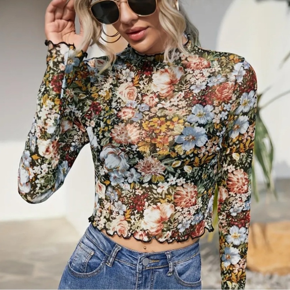 Floral Mesh Mock Neck Long Sleeve Top Various Sizes